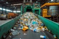 Waste management Conveyor belt with accumulated waste at recycling plant