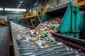 Waste management Conveyor belt with accumulated waste at recycling plant