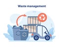 Waste management in sustainable cities showcased by a truck collecting sorted trash. Flat vector illustration