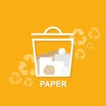 Waste management. Trashcan full of paper rubbish on orange background, creative illustration