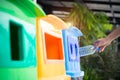 Waste management, Woman throwing plastic bottle into recycle bin. Waste separation trash for different kind of rubbish before drop Royalty Free Stock Photo