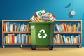 Waste paper illustration with a trash bin filled with waste paper ready for recycling over book shelves background with copy space Royalty Free Stock Photo