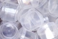 Waste plastic cups many, Garbage plastic, Plastic glass dirty, Plastic waste trash pollution in bin top view close up