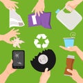 Waste poster concept vector illustration. People holding different types of garbage. Hands with trash such as broken Royalty Free Stock Photo