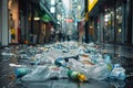 Waste problem littering in shopping district with scattered packaging