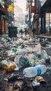 Waste problem littering in shopping district with scattered packaging