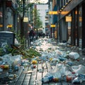 Waste problem littering in shopping district with scattered packaging