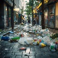 Waste problem littering in shopping district with scattered packaging