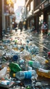 Waste problem littering in shopping district with scattered packaging