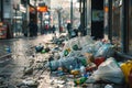 Waste problem littering in shopping district with scattered packaging