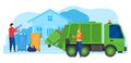 Waste processing factory vector illustration, cartoon worker character working on truck city garbage collector, loading