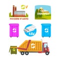 Waste Processing with Recycle Dustbin, Industrial Plant and Dump Truck,Vector Set