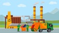 Waste recycle plant, vector illustration. Trash recycling industry concept design, people near truck with cartoon