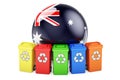 Waste recycling in Australia. Colored recycling bins with Australian flag, 3D rendering