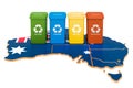 Waste recycling in Australia. Colored trash cans on the map of Australia, 3D rendering