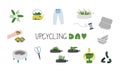 Waste recycling banner with ideas of garbage recycle. Set of objects for stickers, icons, illustrations on web or print. Royalty Free Stock Photo