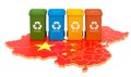 Waste recycling in China. Colored trash cans on the map of China, 3D rendering