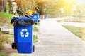Waste recycling concept. Garbage collection. Blue containers for further processing of trash. Ecology and recycle garbage concept Royalty Free Stock Photo