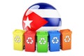 Waste recycling in Cuba. Colored recycling bins with Cuban flag, 3D rendering