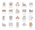 Waste recycling flat line icons set. Garbage bag, truck, incinerator factory, container, bin, rubbish dump vector