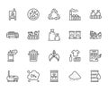 Waste recycling flat line icons set. Garbage bag, truck, incinerator factory, container, bin, rubbish dump vector Royalty Free Stock Photo