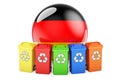 Waste recycling in Germany. Colored recycling bins with German flag, 3D rendering Royalty Free Stock Photo