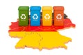 Waste recycling in Germany. Colored trash cans on the map of Germany, 3D rendering