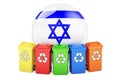 Waste recycling in Israel. Colored recycling bins with Israeli flag, 3D rendering