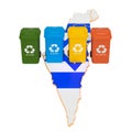 Waste recycling in Israel. Colored trash cans on the map of Israel, 3D rendering