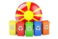 Waste recycling in Macedonia. Colored recycling bins with Macedonian flag, 3D rendering Royalty Free Stock Photo