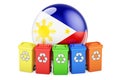 Waste recycling in Philippines. Colored recycling bins with Filipino flag, 3D rendering