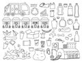 Waste recycling and sorting black and white collection. Vector ecological line set for kids. Earth day illustration with rubbish Royalty Free Stock Photo