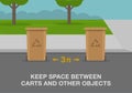 Waste and recycling or trash pickup service rules. Correct placement of containers. Keep space between carts and other objects.
