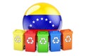 Waste recycling in Venezuela. Colored recycling bins with Venezuelan flag, 3D rendering