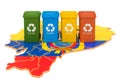 Waste recycling in Venezuela. Colored trash cans on the map of Venezuela, 3D rendering