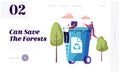 Waste Recycling Website Landing Page. Tiny People Throw Paper Garbage into Huge Litter Bin with Recycle Sign Royalty Free Stock Photo