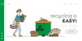 Waste Reuse Landing Page Template. Female Character Throw Paper Trash into Recycling Litter Bin Royalty Free Stock Photo