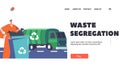 Waste Segregation Landing Page Template. Janitor Character Carry Container with Recycling Symbol for Loading into Truck