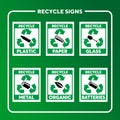 Waste separation and recycling signs for plastic, paper, glass, metal, organic waste and batteries