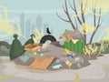 Waste smell. Toxic junk mountain garbage bad environment dump smell clouds vector background