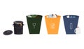 Waste sorting bins with labeling icons for types of recyclable material on a white background. Separation of waste into fractions