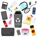 Waste sorting. Household hazardous garbage. e-waste, pesticides, batteries and other trash icons