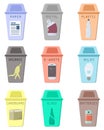 Waste sorting icons set with dustbins and trash