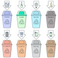 Waste sorting icons set with dustbins and trash Royalty Free Stock Photo