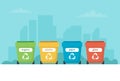 Waste sorting illustration with different colorful garbage bins, concept illustration for recycling, sustainability.