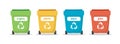 Waste sorting illustration with different colorful garbage bins isolated, illustration for recycling, sustainability