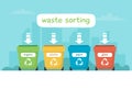 Waste sorting illustration with different colorful garbage bins with lettering, recycling, sustainability.