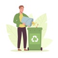 Waste sorting. A man throws garbage out of a bucket without using plastic bags. Zero waste lifestyle that does not harm
