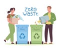 Waste sorting. Man and women sort garbage. Zero waste lifestyle that does not harm the planet. Ecological concept of