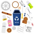 Waste sorting. Metal garbage. Cans, tools and other trash icons